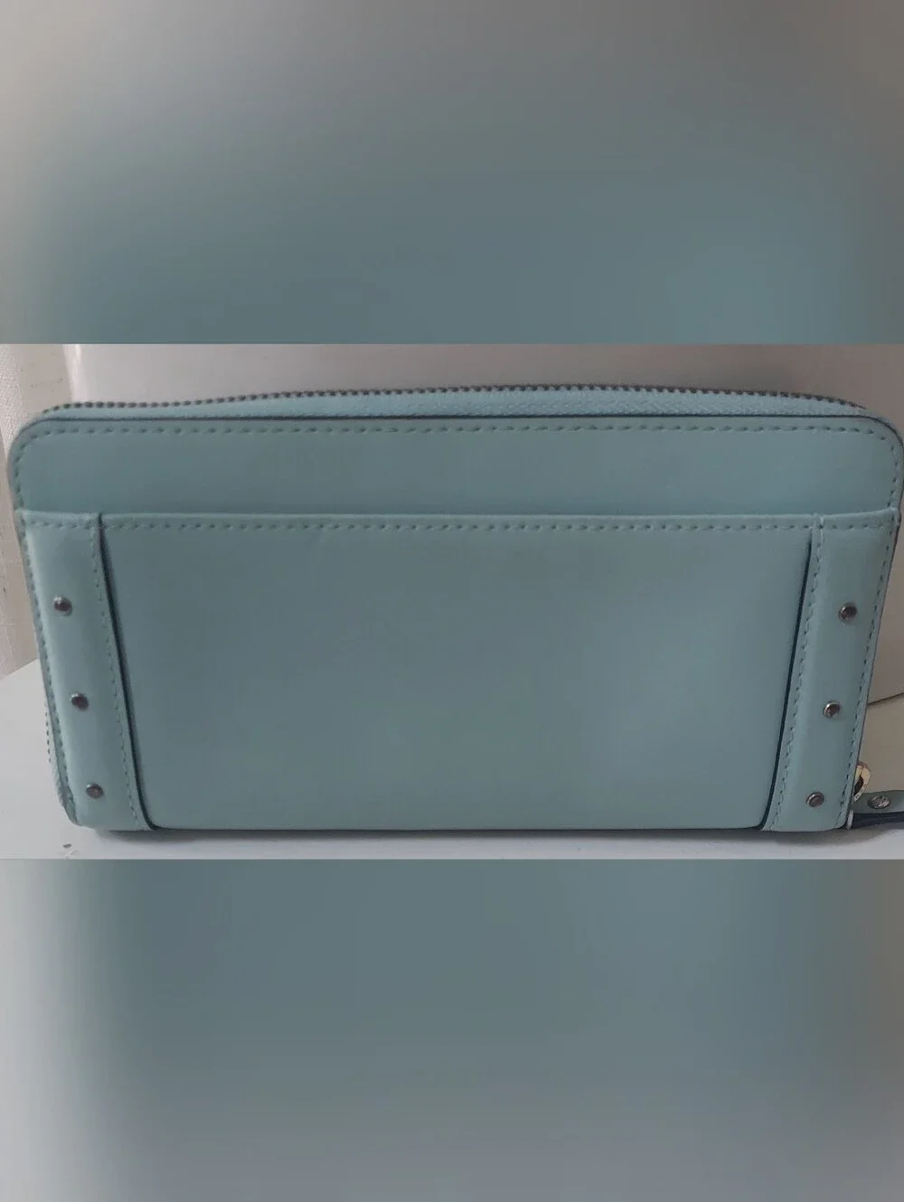Kate Spade Mint Green Leather Zip Wallet with Gold Studs